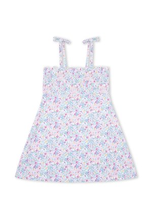 Vestido de verano sin mangas con lazos en los hombros, cuerpo fruncido y estampado floral en tonos pastel rosa, azul y amarillo sobre tela blanca.