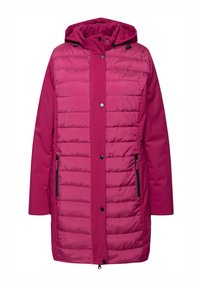 Pink padded parka with a hood, featuring quilted panels, snap buttons, and zippered side pockets. Smooth texture and mid-length design.
