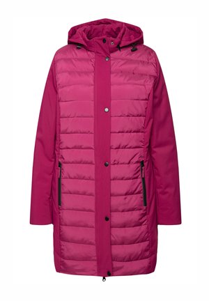 Parka imbottita rosa con cappuccio, caratterizzata da pannelli trapuntati, bottoni a pressione e tasche laterali con zip. Texture liscia e design di lunghezza media.