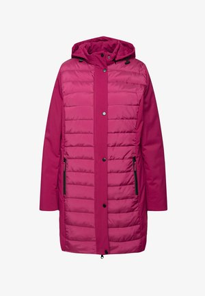Roze gewatteerde parka met een capuchon, voorzien van gequiltte panelen, drukknoopsluitingen en ritssluiting zijkanten. Gladde textuur en middellange ontwerp.