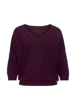 Purple V-neck loose-fit sweater with 3/4 sleeves and ribbed cuffs and hem, displayed on a white background.