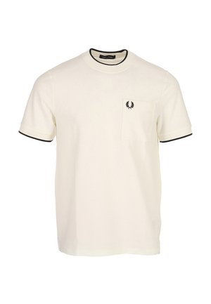 Maglietta bianca a maniche corte con rifiniture nere su collo e polsini, con taschino sul petto con logo corona d'alloro nera.