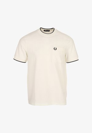 Maglietta bianca a maniche corte con rifiniture nere su collo e polsini, con taschino sul petto con logo corona d'alloro nera.