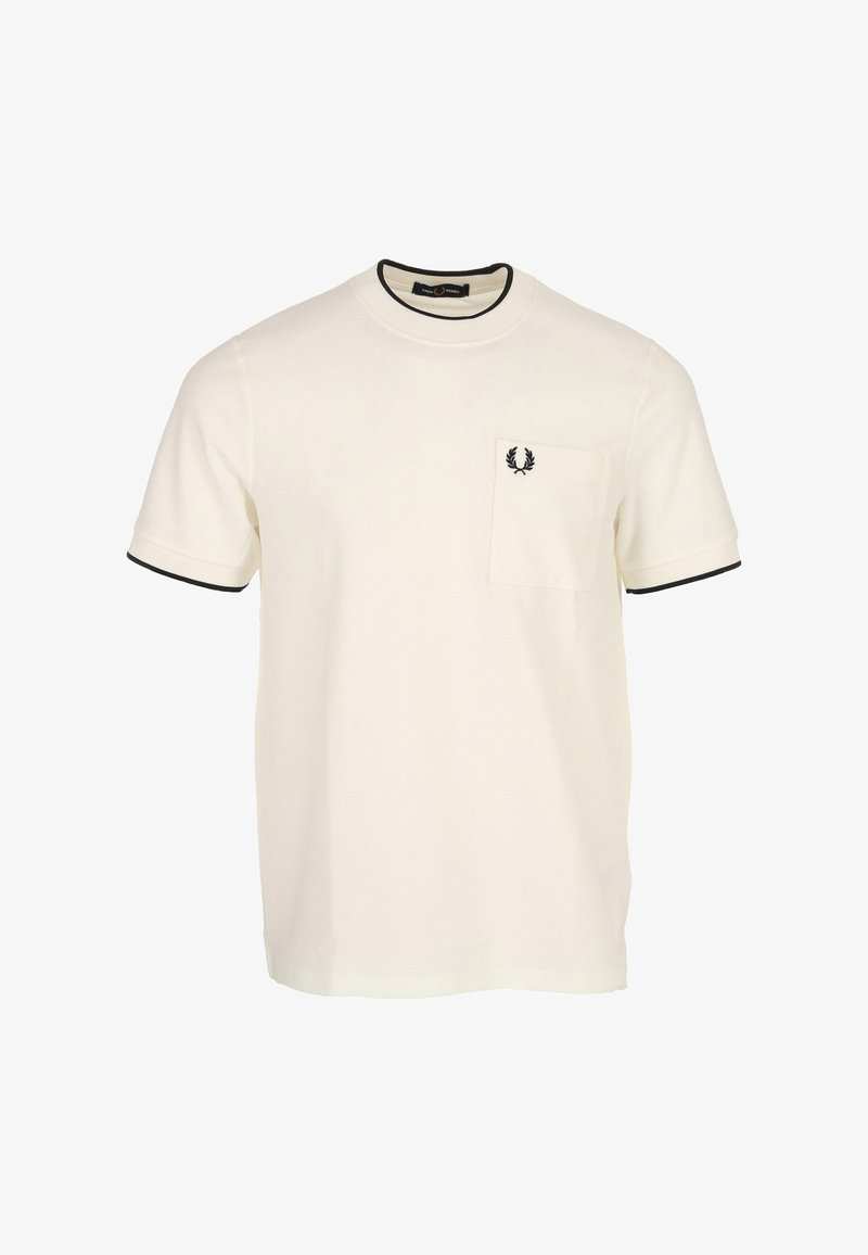 T-shirt blanc à manches courtes avec bordure noire sur le col et les poignets, doté d'une poche poitrine ornée d'un logo couronne de laurier noir.