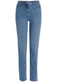 Schmale blaue Jeans aus Denim mit niedrigem Bund, ausgestattet mit fünf Taschen, einem Metallknopfverschluss und dezenter Ausbleichung auf den Oberschenkeln.