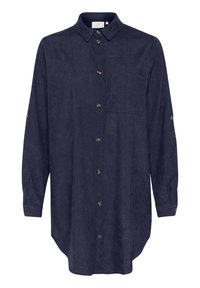 Chemise boutonnée bleu marine en tissu texturé, avec des manches longues à pattes de bouton, une poche poitrine et un ourlet courbé.