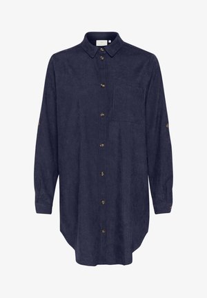 Camicia button-up blu navy realizzata in tessuto testurizzato, con maniche lunghe dotate di linguette con bottone, una tasca sul petto e un orlo curvo.