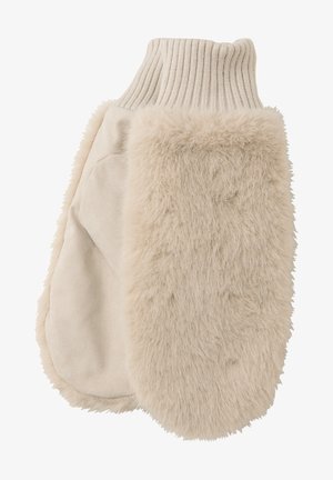 Béžové palčáky z měkké umělé kožešiny a semiše, s žebrovaným pleteným manžetem pro těsné uchycení. Texturovaný povrch s hladkou vnitřní podšívkou.