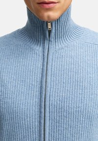 Jasnoniebieski sweter z długim zamkiem błyskawicznym, o prążkowanej fakturze, z wysokim kołnierzem i srebrnym zamkiem. Wyposażony w pionowe wzory dziane i dopasowany krój.