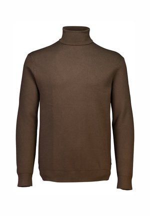 Maglione a collo alto marrone realizzato in tessuto a maglia. Caratterizzato da maniche lunghe e una vestibilità aderente con dettagli a costine sul collo e sui polsini.