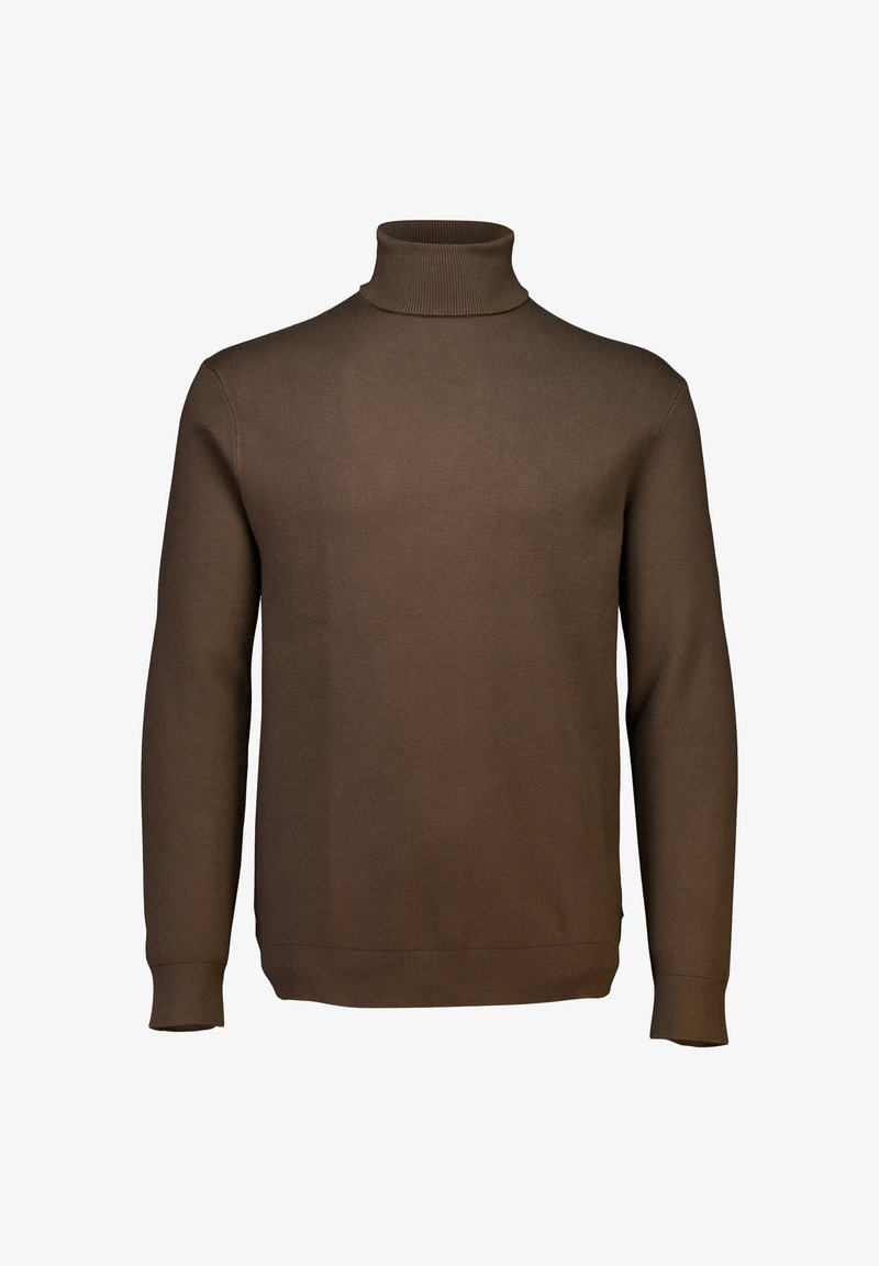 Brauner Rollkragenpullover aus Strickstoff. Mit langen Ärmeln und einem figurbetonten Design, das gerippte Akzente am Kragen und den Bündchen aufweist.