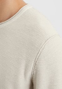 Lichtbeige gebreide trui met een gemêleerd patroon, ronde halslijn en zichtbare naaddetails op de schouder.