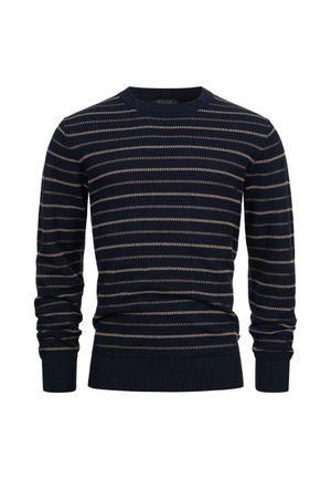 Granatowy sweter z pionowymi i poziomymi paskami w jasnych kolorach, okrągłym dekoltem, ściągaczami przy mankietach i dolnym brzegu, wykonany z miękkiego dzianinowego materiału.