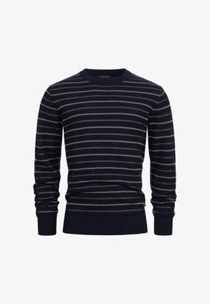 Maglione blu navy con strisce verticali e orizzontali in colori chiari, scollo a girocollo, polsini e orlo a costine, realizzato in morbido tessuto a maglia.