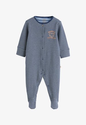Sötétkék csíkos baba overál hosszú ujjakkal, elöl patentgombokkal és hímzett "Apa kis segítője" részlettel. Puha anyag.