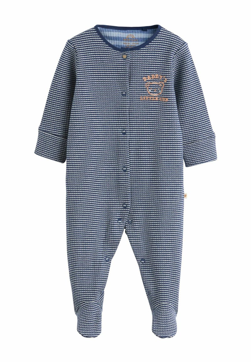 Body per neonato a righe blu navy con maniche lunghe, bottoni a pressione davanti e ricamo "Il piccolo aiuto di papà". Tessuto morbido.