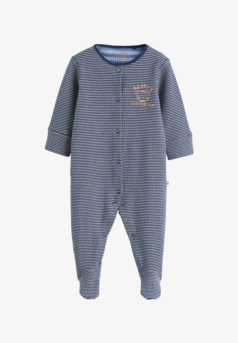 Marineblå stribet babyheldragt med lange ærmer, trykknapper foran og broderet "Daddys Little Helper" detalje. Blødt stof.