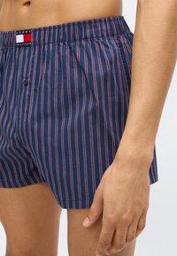 Μπλε ναυτικό μποξεράκι με λεπτές κόκκινες και λευκές κάθετες ρίγες, ελαστική μέση και ένα κουμπί μπροστά. Απαλό βαμβακερό ύφασμα.