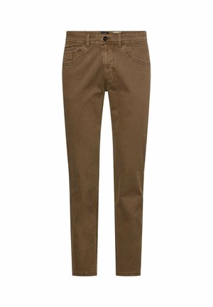 Brune, slanke bukser med bæltestropper, forreste knap, lynlåslukning samt lommer foran og bagpå, vist på hvid baggrund.