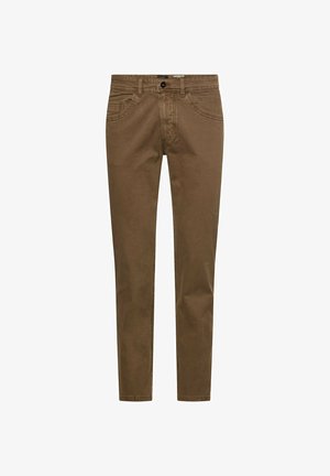 Braune, schlank geschnittene Hose mit Gürtelschlaufen, vorderem Knopf, Reißverschluss und vorne sowie hinten Taschen, auf weißem Hintergrund dargestellt.