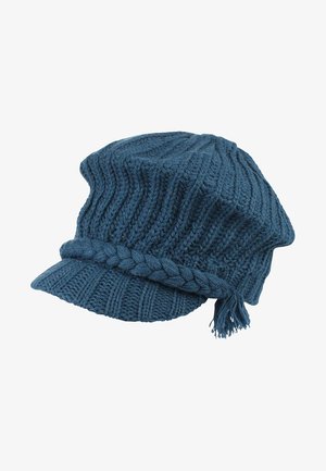 Niebieska dzianinowa czapka z plecionym paskiem i teksturowanym wzorem, z szerokim rondem i detalem w postaci pompona po boku.