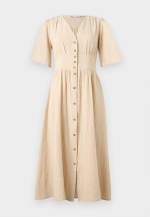 Béžové midi šaty s krátkými širokými rukávy, výstřihem do V, zúženým pasem a zapínáním vpředu na dřevěné knoflíky.