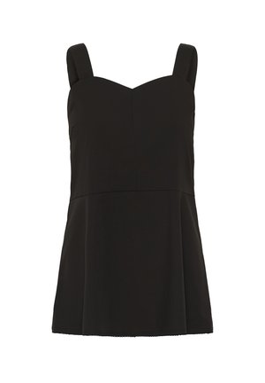 Haut noir sans manches avec de larges bretelles et un bustier ajusté s'élargissant légèrement à la taille, présenté sur un fond blanc.