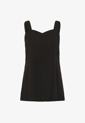 Haut noir sans manches avec de larges bretelles et un bustier ajusté s'élargissant légèrement à la taille, présenté sur un fond blanc.