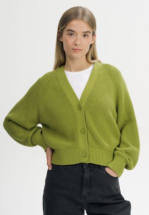 Young woman with straight light brown hair wearing a green buttoned knit cardigan over a white shirt and black pants, standing with one hand in pocket.