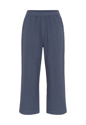 Pantaloni blu, leggeri e a vita elastica, con dettagli cuciti e una struttura liscia. Senza tasche o altri accenti notevoli.