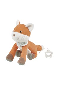 Soft fox plush toy in orange corduroy and white fabric. Features a star-shaped pull cord, brown paws, and a textured scarf around its neck.
