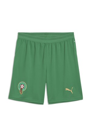 Green sports shorts with elastic waistband, Morocco football team emblem on left leg, and gold Puma logo on right leg.