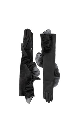 Black long leather gloves with gathered black mesh ruffles extending from wrist to forearm on a white background.