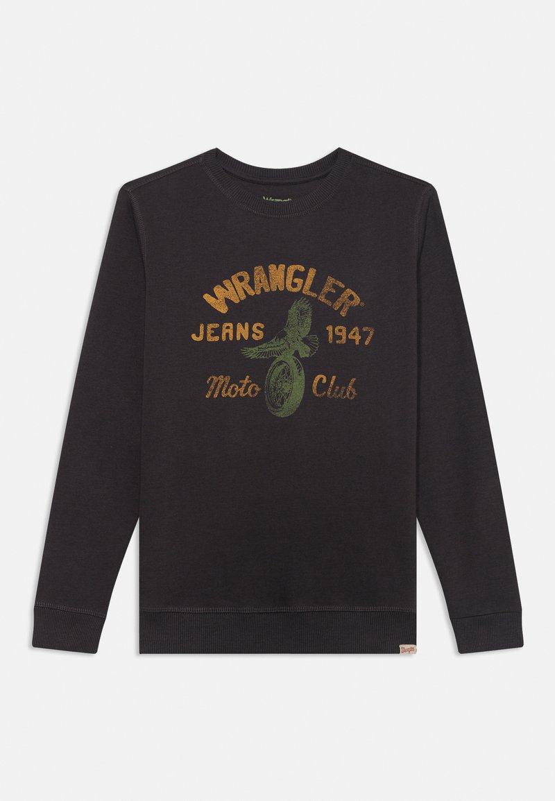 Sudadera negra de manga larga, con puños y dobladillo acanalados. Presenta un destacado estampado gráfico en verde y dorado: "WRANGLER JEANS 1947 Moto Club."