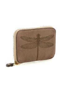 Portafoglio in suede marrone con una stampa scura di libellule sul fronte e una cerniera color ottone con un lucchetto in pelle.