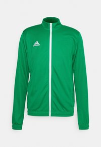 Giacca sportiva verde realizzata in tessuto liscio, con colletto alto, zip frontale a tutta lunghezza e logo Adidas bianco sul petto.