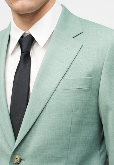 Άνδρας που φοράει ανοιχτοπράσινο σακάκι πάνω από λευκό πουκάμισο με μαύρη γραβάτα, εμφανίζοντας το πάνω μέρος του στήθους και τους ώμους σε λευκό φόντο.