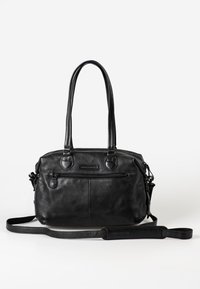 Borsa a tracolla in pelle nera con doppio manico superiore, tracolla regolabile, tasca frontale con zip e superficie liscia.