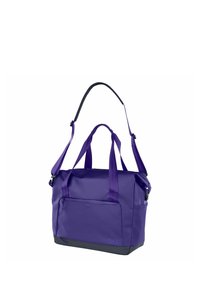 Borsa a tracolla in tessuto viola resistente con due maniglie superiori e tracolla staccabile. Presenta una tasca frontale con cerniera e fondo grigio.