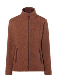 Bruine fleecejack met hoge kraag, rits aan de voorkant en zijzakken. Bevat contrasterende kastanjebruine accenten en een subtiel textuurpatroon.