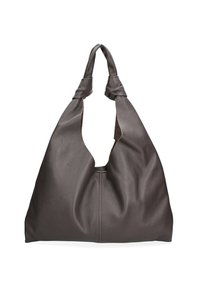 Borsa hobo in pelle marrone con design morbido e pieghevole e manici annodati. Presenta una superficie texturizzata e un interno spazioso.