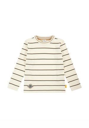 Long-sleeve cream shirt with brown horizontal stripes, round neckline, and a diamond patch featuring the letter "S" at the hem.
