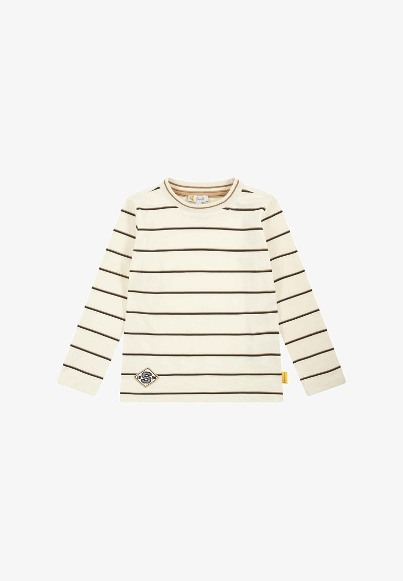 Langärmliges cremefarbenes Hemd mit braunen Horizontalstreifen, rundem Halsausschnitt und einem Diamant-Patch mit dem Buchstaben "S" am Saum.