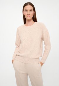 Maglione rosa chiaro con collo rotondo, maniche lunghe e orlo a coste. Presenta sottili macchie distribuite su tutto il tessuto. Texture morbida.