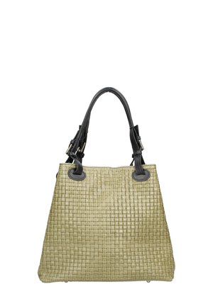Woven Tote-Bag in Hellgrün mit schwarzen Ledergriffen und Akzenten. Quadratisches Muster mit flachem Boden, geeignet für den täglichen Gebrauch.