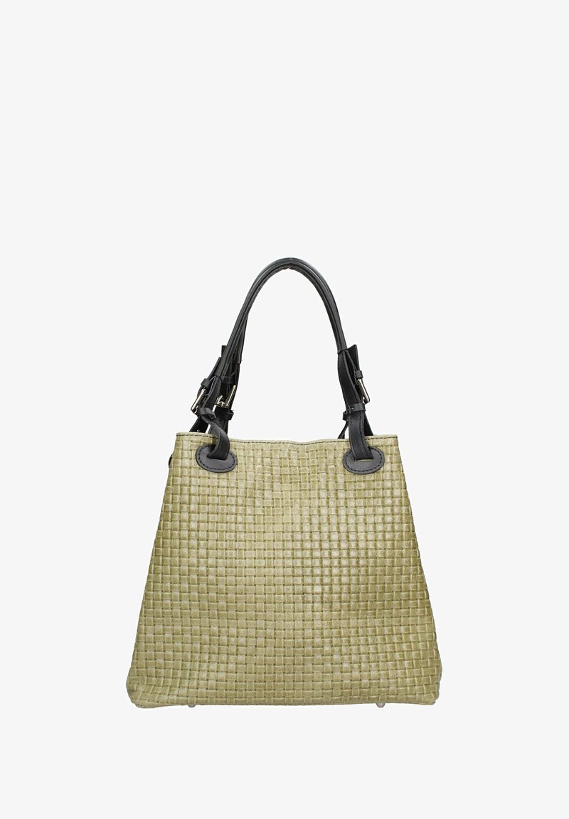 Borsa a spalla intrecciata di colore verde chiaro con manici e dettagli in pelle nera. Texture a motivo quadrato con base piatta, adatta per l'uso quotidiano.