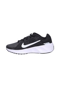 Scarpe da atletica nere con tomaia in mesh, logo swoosh bianco, intersuola imbiancata e ammortizzata, e suola in gomma testurizzata. Presenta lacci tradizionali.