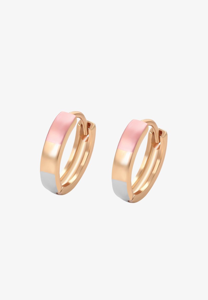 Náušnice v ružovom zlate vo forme kruhov s ružovými, bielymi a striebornými akcentami s hladkým, lesklým povrchom. Zaoblený dizajn s pántovým uzáverom.