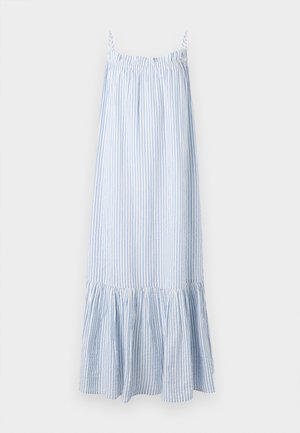Vestido riscado em azul claro e branco, com alças finas ajustáveis, corpete elástico e uma bainha com franzido na parte inferior.