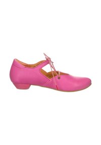Rosa Leder-Schuh mit niedrigem Absatz, der ein Cut-Out-Design und eine Schnürung aufweist. Glatte Textur mit einer leichten Außensohle.